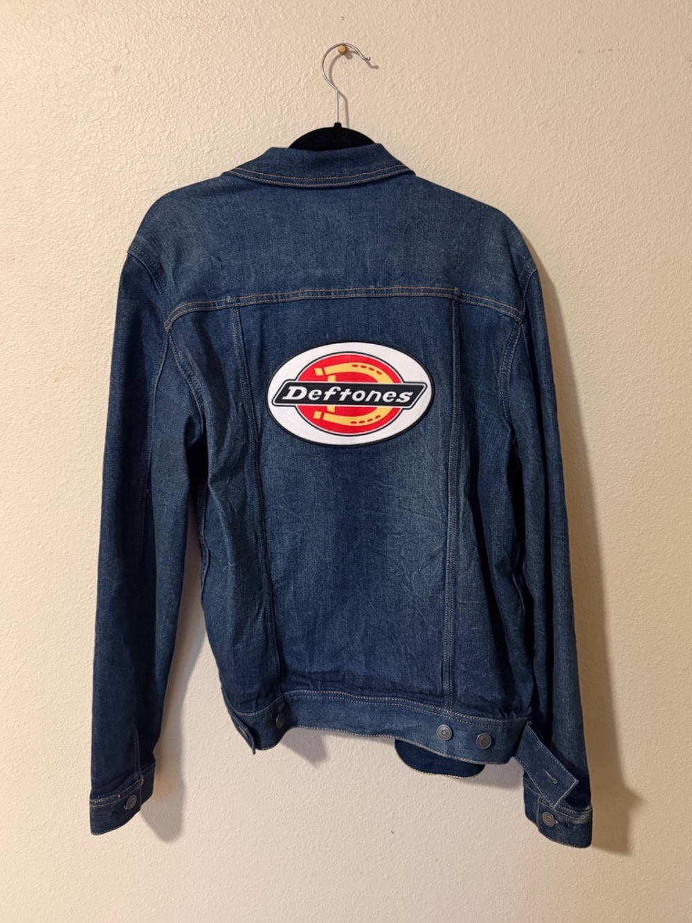 Custom Deftones Unisex Dark Blue Denim Jacket with Contrast Stitching